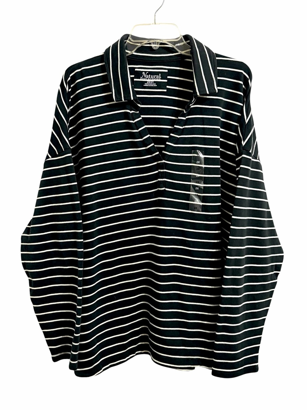 Natural Reflections Wanderer Stripe Long Sleeve Polo Womens 2X Black NWT Outdoor